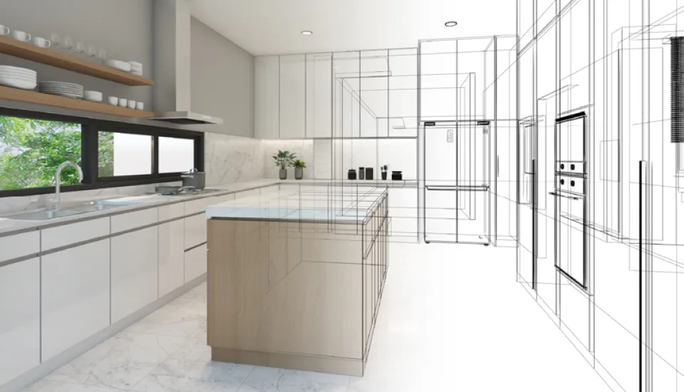 Helle, moderne Küche mit Kochinsel, weißen Fronten und Marmorarbeitsplatten, dargestellt als Kombination aus fotorealistischer Ansicht und 3D-Planung für individuelle Küchengestaltung.